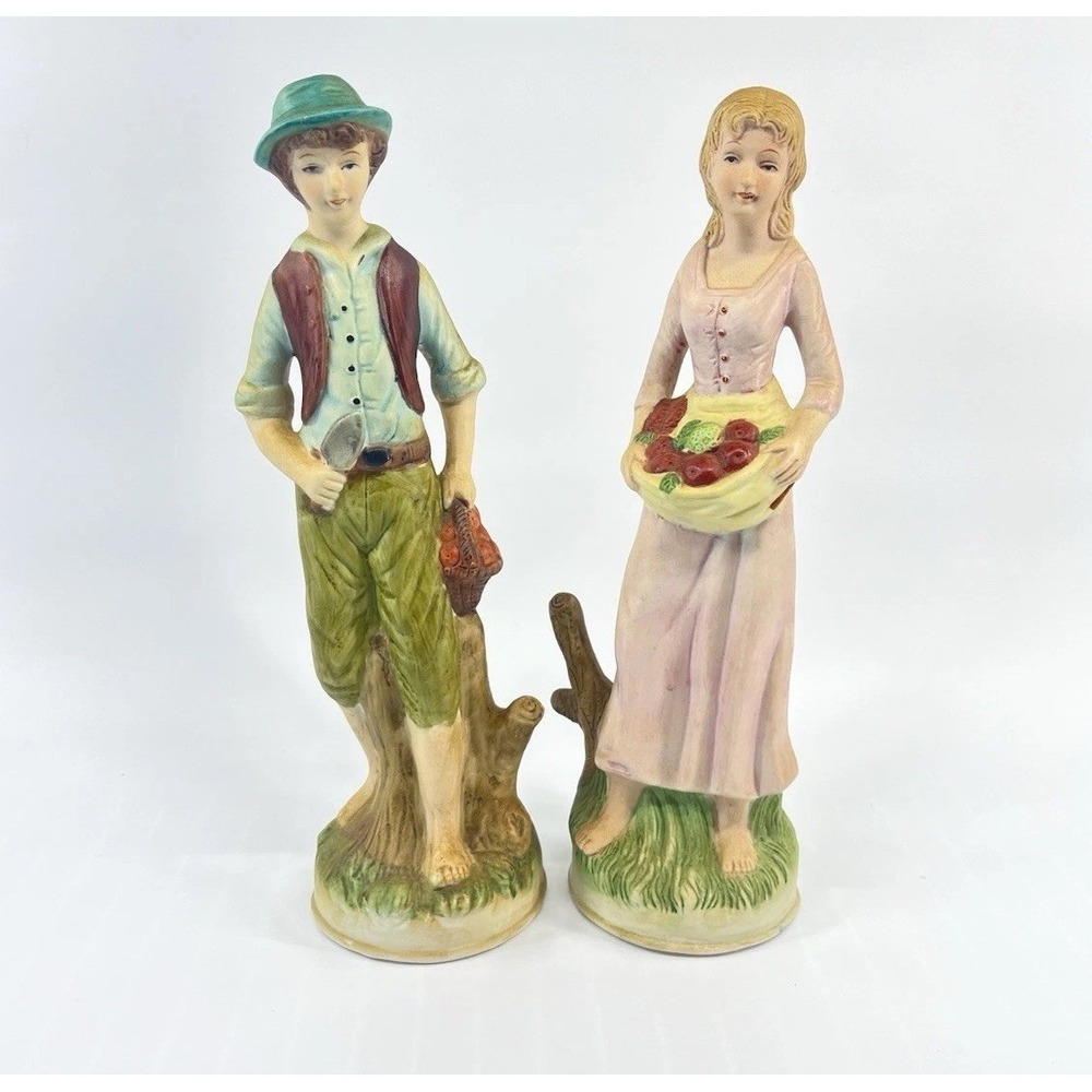 Vtg Porcelain Boy & Girl Porcelain Set Apple Farm Decor Country 12"
